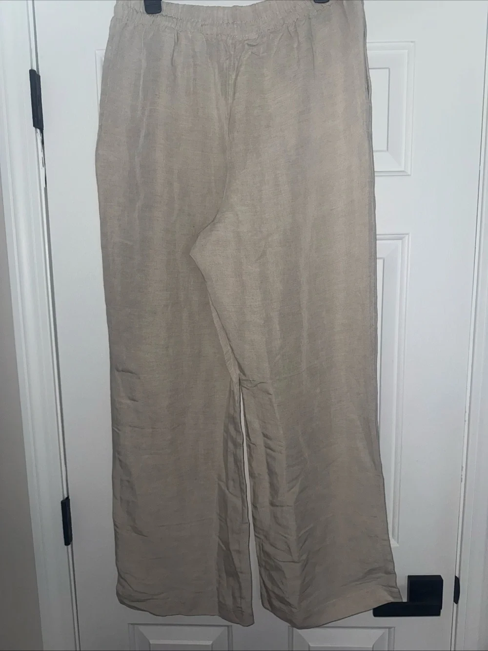 H&M Womens Large Light Beige Linen-Blend Elastic Waist Straight Leg Pants NWT